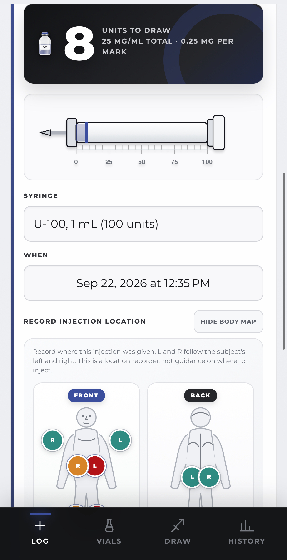 Dose logging screen with body map