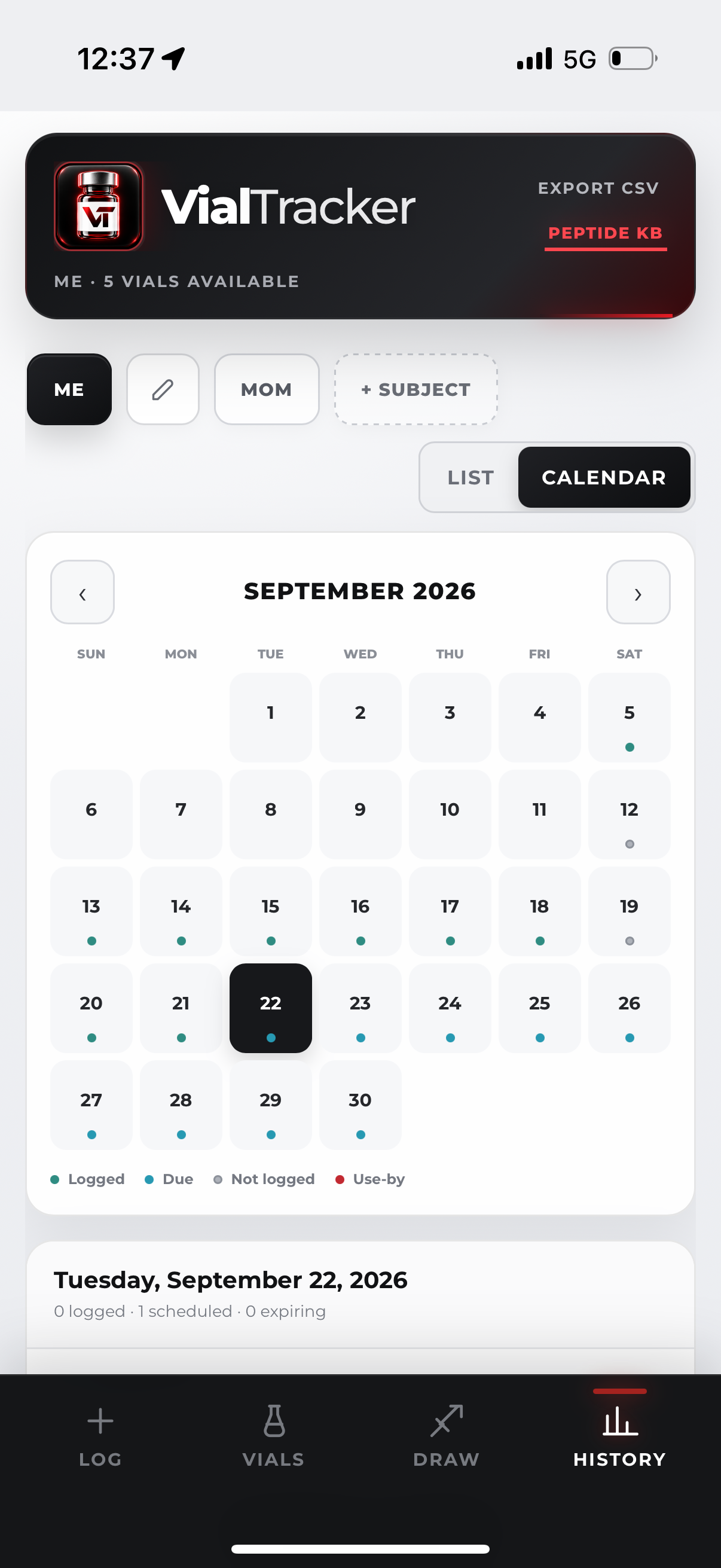 VialTracker history calendar