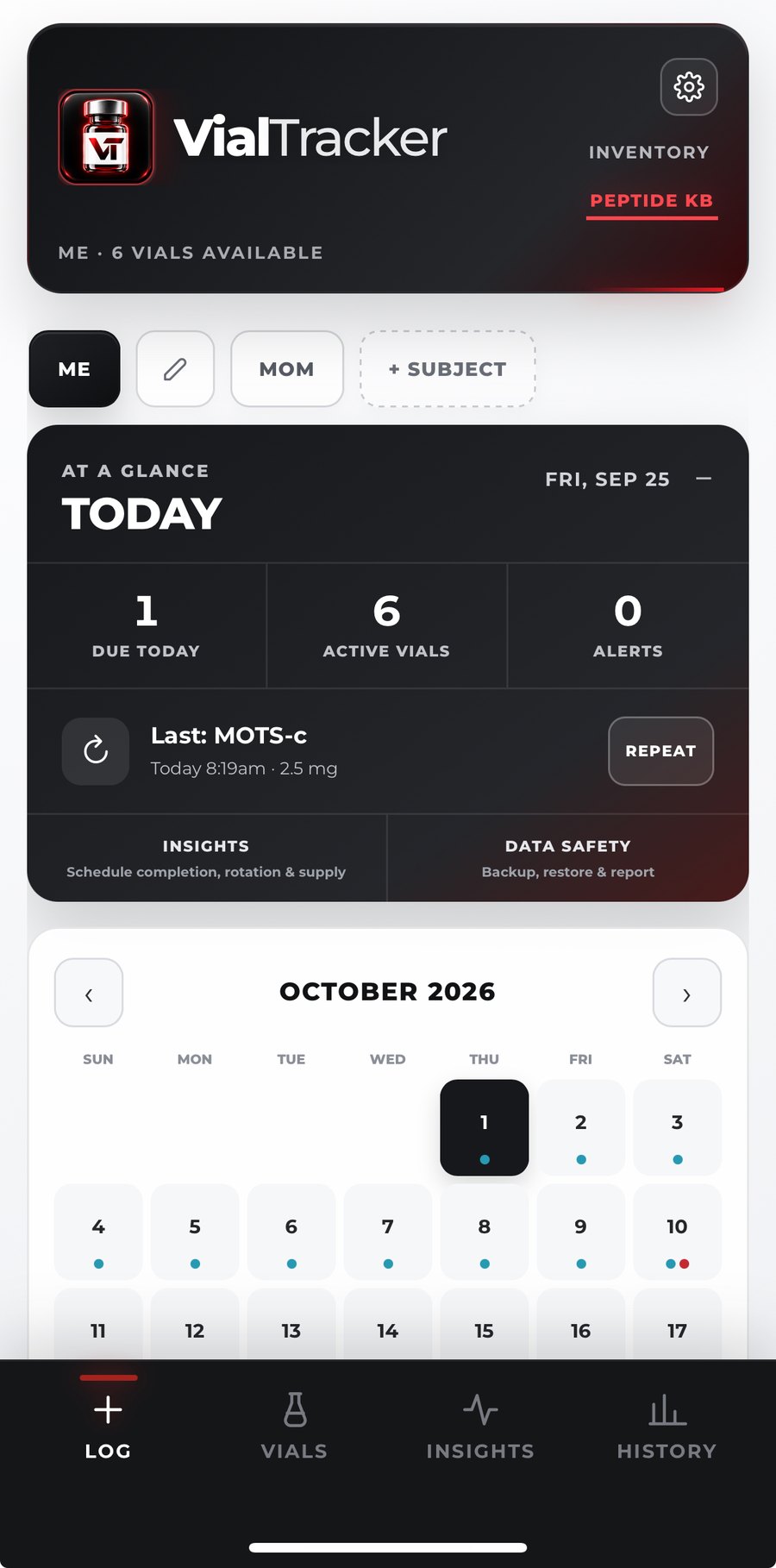 VialTracker Today dashboard and Log a Dose screen