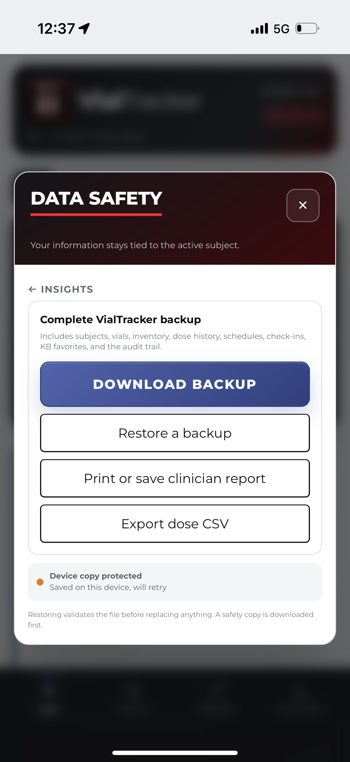 VialTracker Data safety screen with backup, restore and export