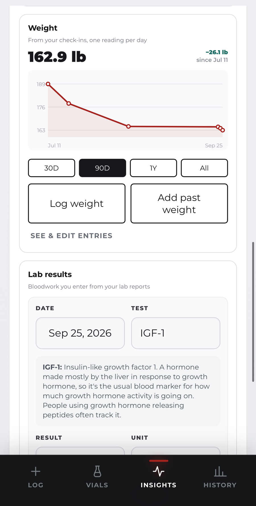 VialTracker weight and lab results