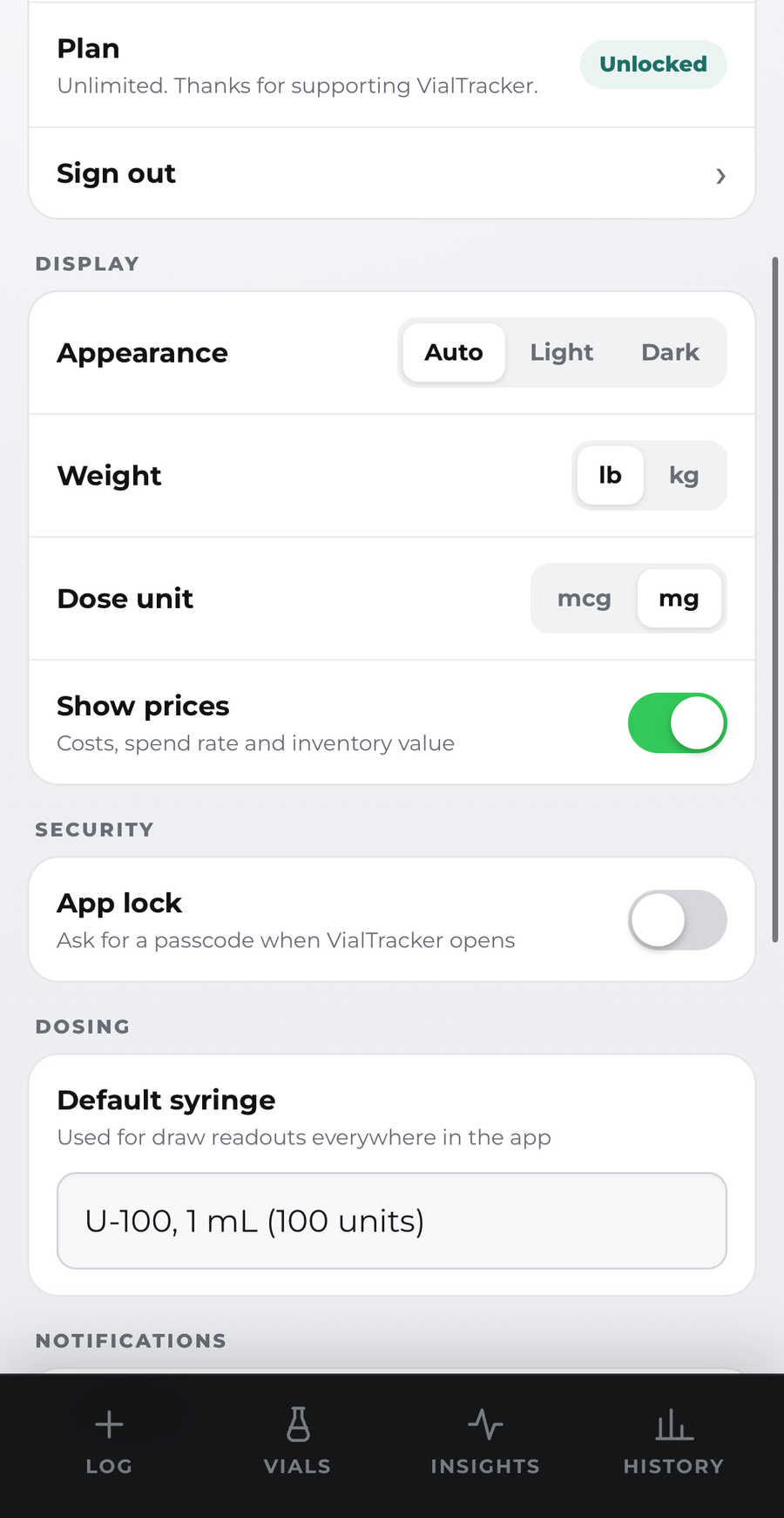 VialTracker settings with app lock