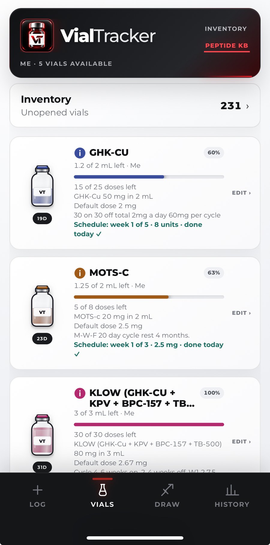 VialTracker vial inventory cards